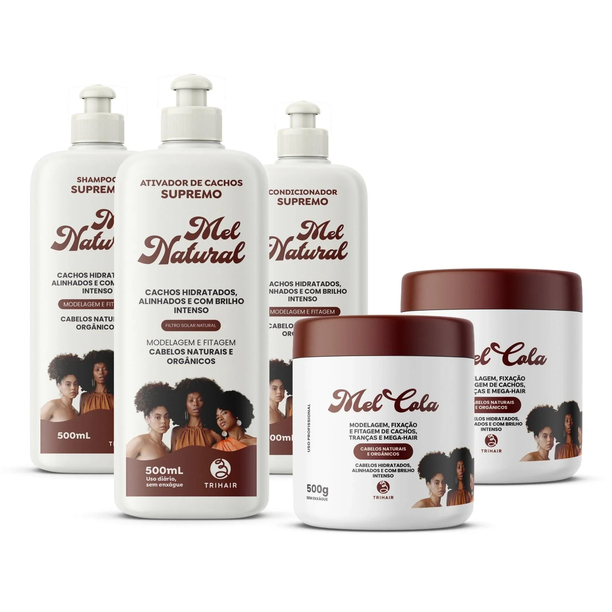 2 Mel Cola Trihair - 500g + Ativador Mel Natural + Shampoo Mel Natural 500ml + Condicionador Mel Natural 500ml + FRETE GRÁTIS - Trihair Cosméticos